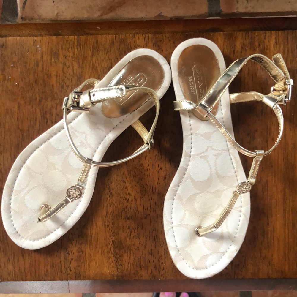 Gold leather and cloth Coach sandals. Worn once.